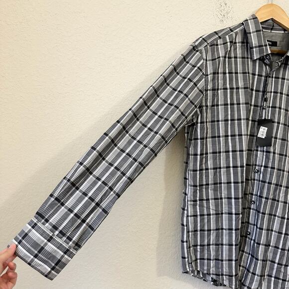 HUGO BOSS Shirt Gray Plaid Slim Fit Button Up Cotton Work Retro NWT - Picture 4 of 9